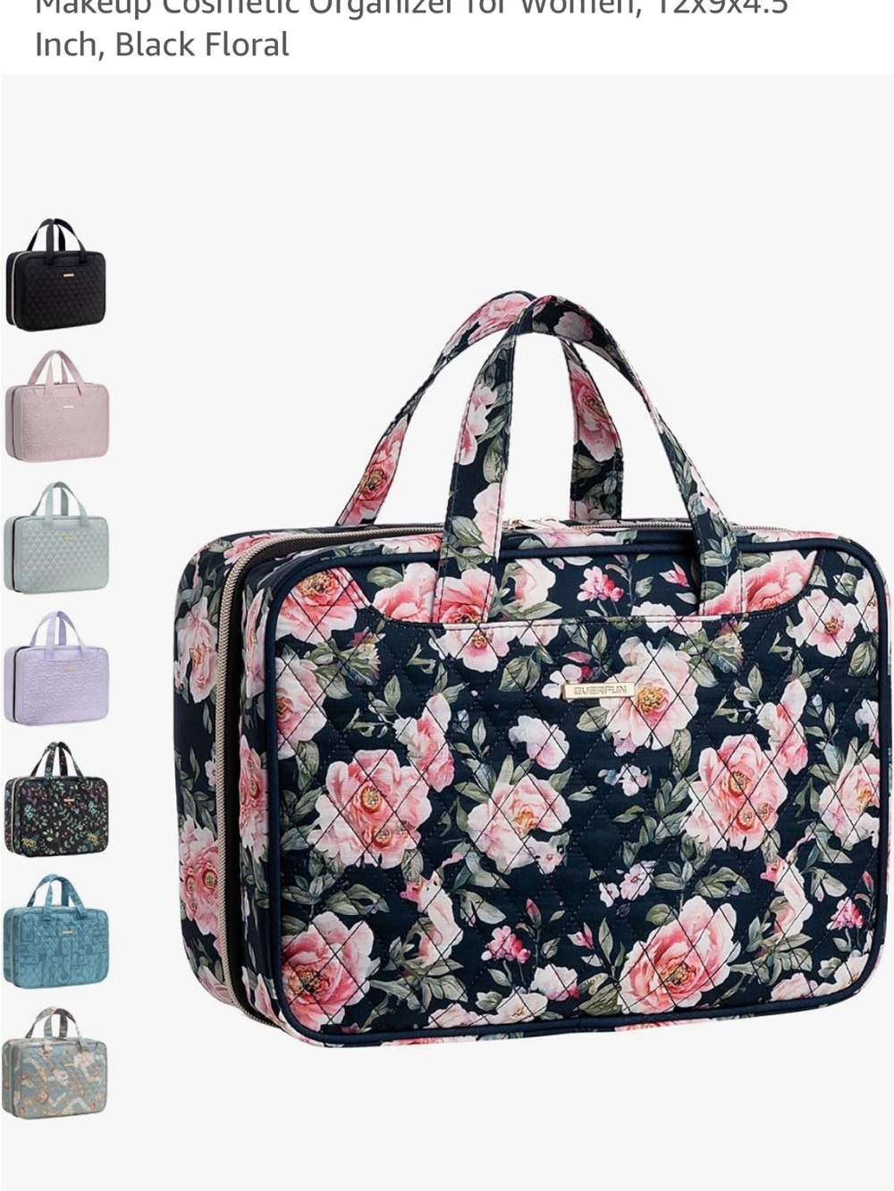 Quilted Floral Cosmetic Bag - Black Pink